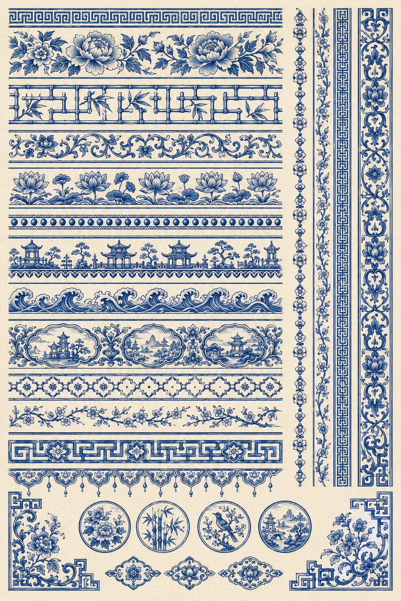 Blue chinoiserie border designs with peonies, bamboo, lotus flowers, pagodas, waves, birds, and geometric motifs